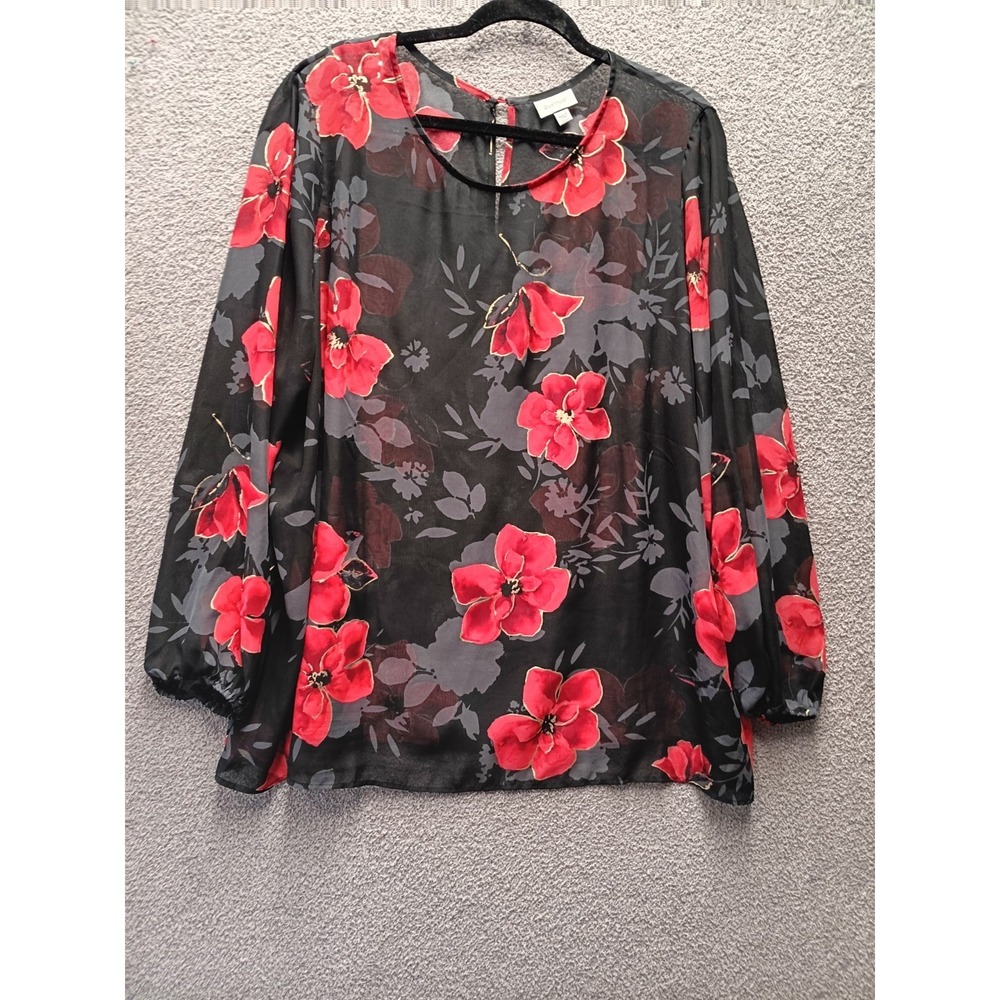 Avenue Floral Blouse Relaxed Fit Women 22/24 Black Red Lined Top